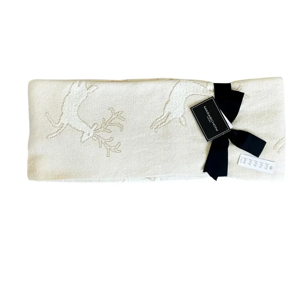 Magaschoni CHRISTMAS Reindeer Knit Holiday Throw 50x60 Holiday Cream & Gold New